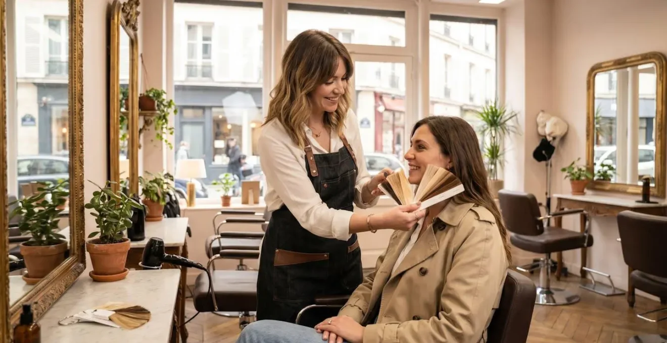 Coloriste conseillant une cliente sur le choix de nuance adapté à son teint dans un atelier de coiffure parisien