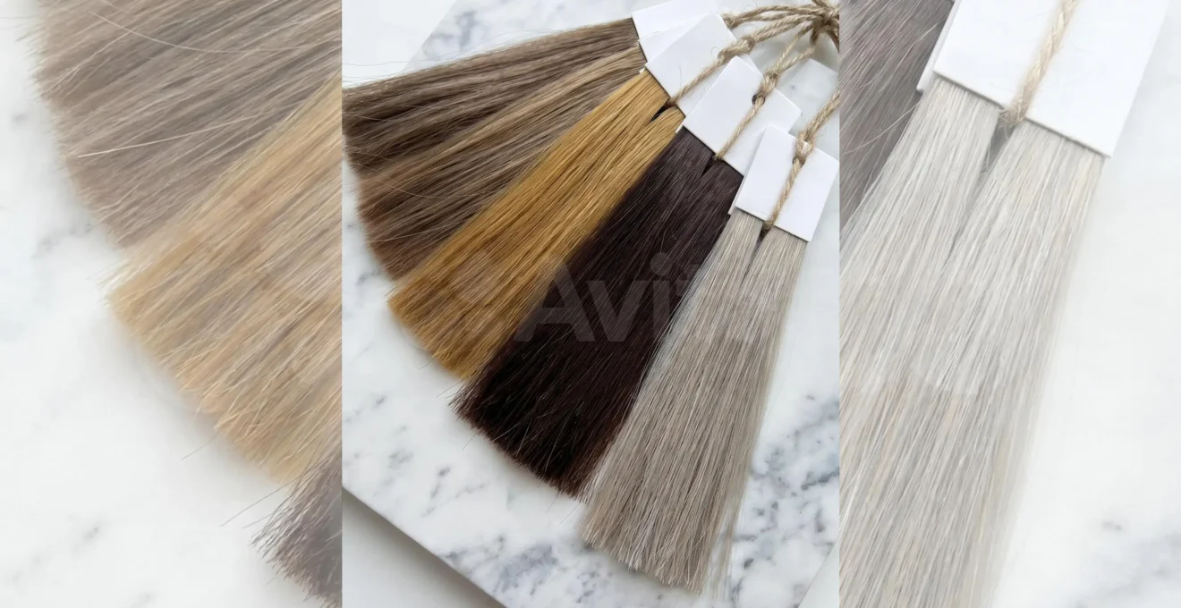 Palette de nuances cheveux tendance hiver avec balayage caramel miel et brun chocolat profond