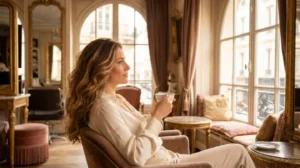 Femme élégante aux cheveux colorés avec balayage chaud doré dans un salon de coiffure luxueux à Neuilly-sur-Seine